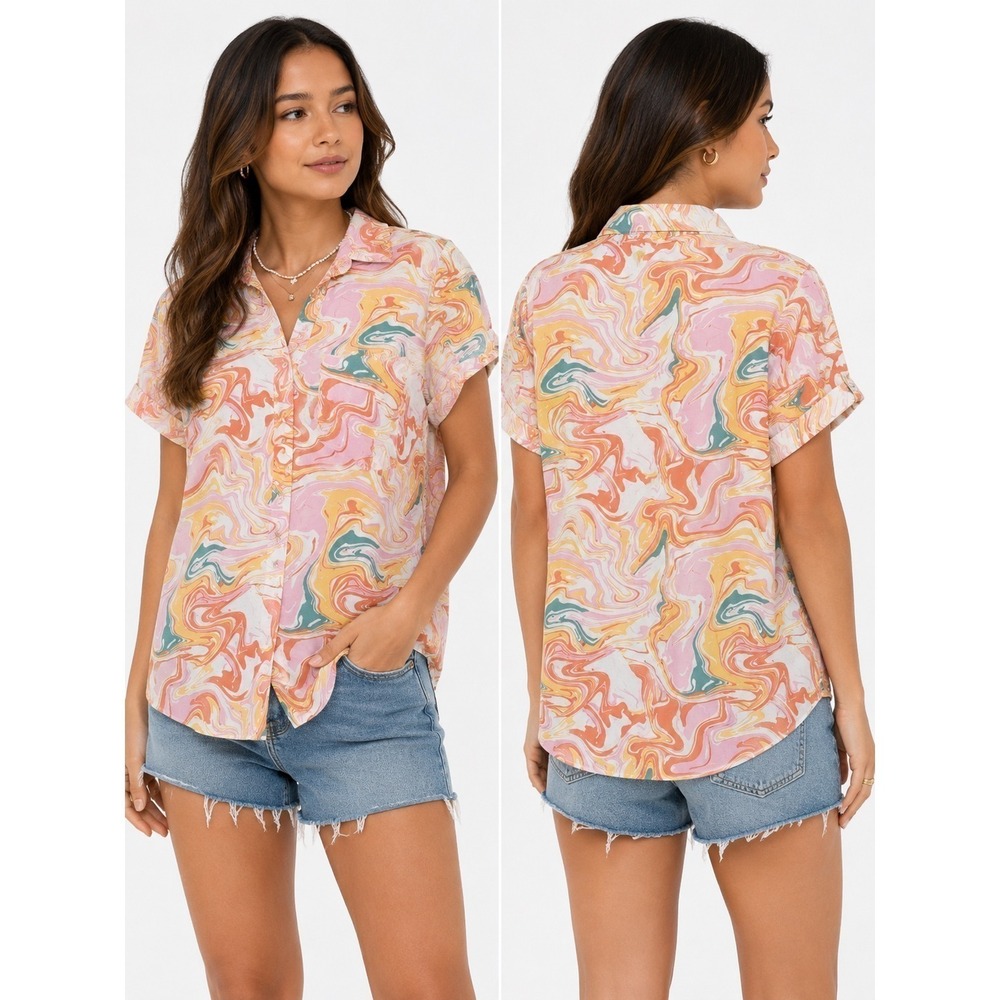 Self Esteem Retro Swirl Button Down Shirt Women's S Pink Orange Teal Top